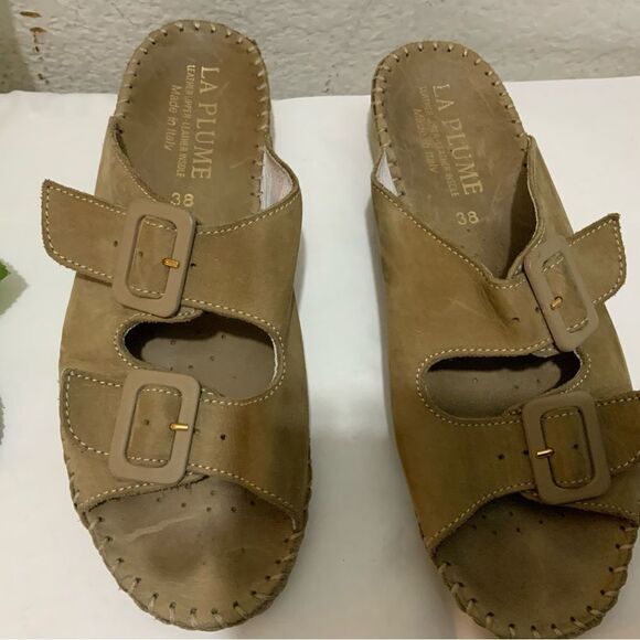 La Plume Tan  Leather Slide Wedge 2 Buckle Sandals Size 38 - Picture 7 of 11